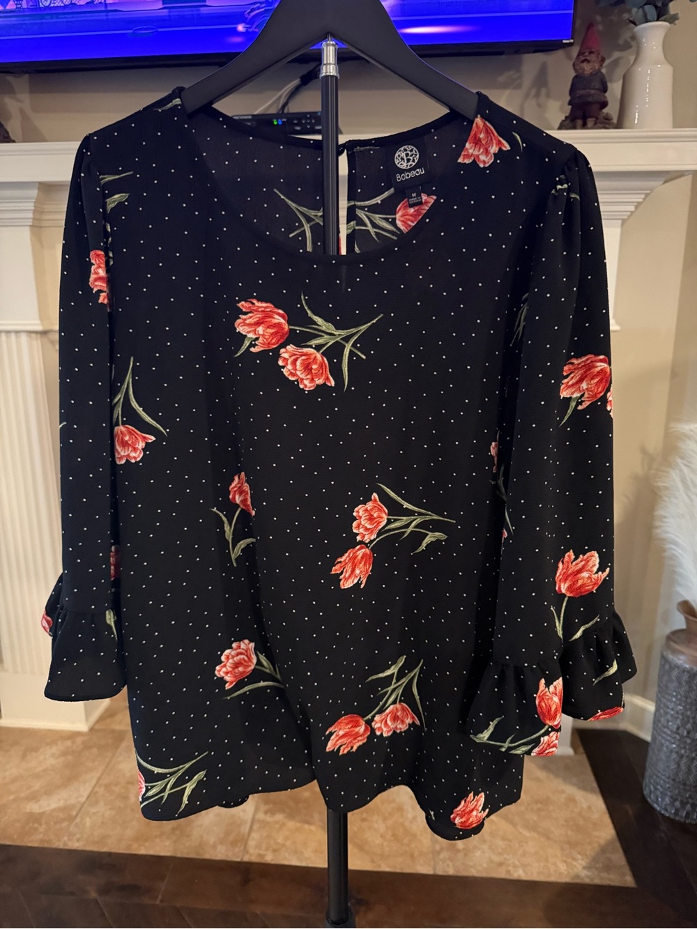 bobeau Black Blouse with Red Floral Tulip Print